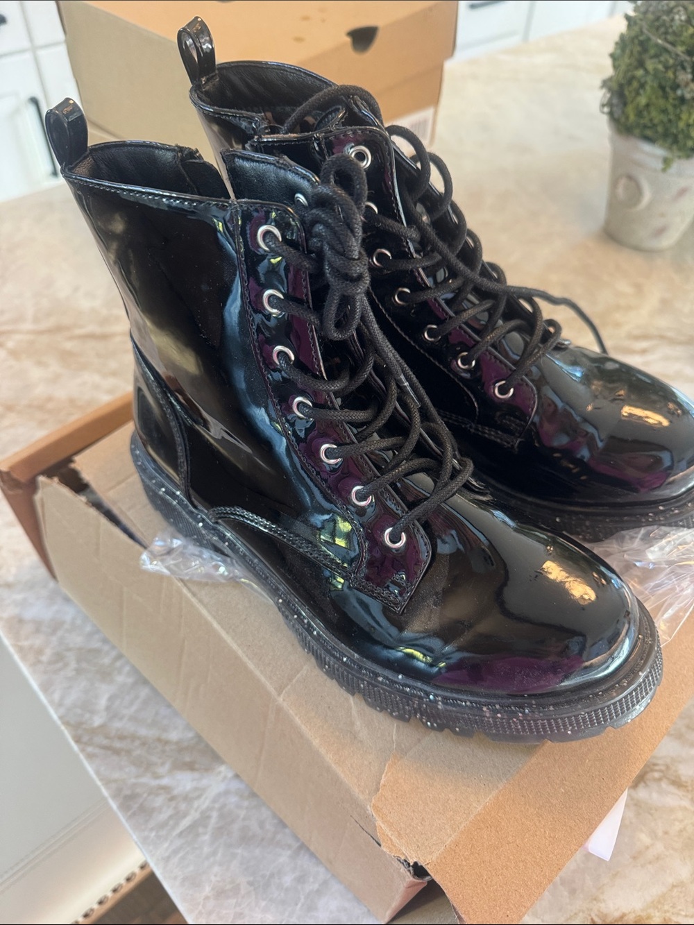 Steve Madden Black Patent Lace-Up Kids Combat Boots